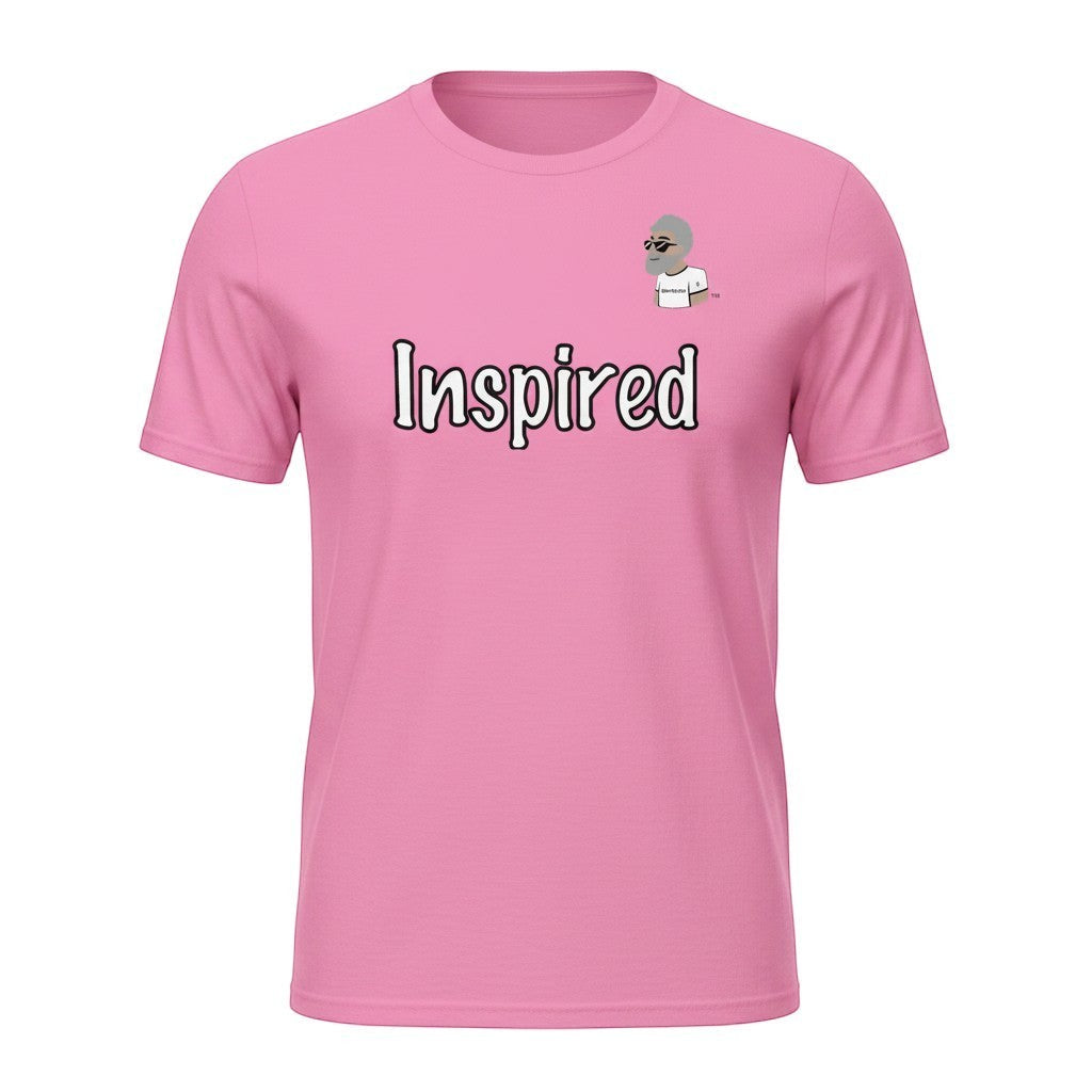 Big Daddy Allen Productions pink cotton t-shirt with "Inspired" graphic and BDA logo.