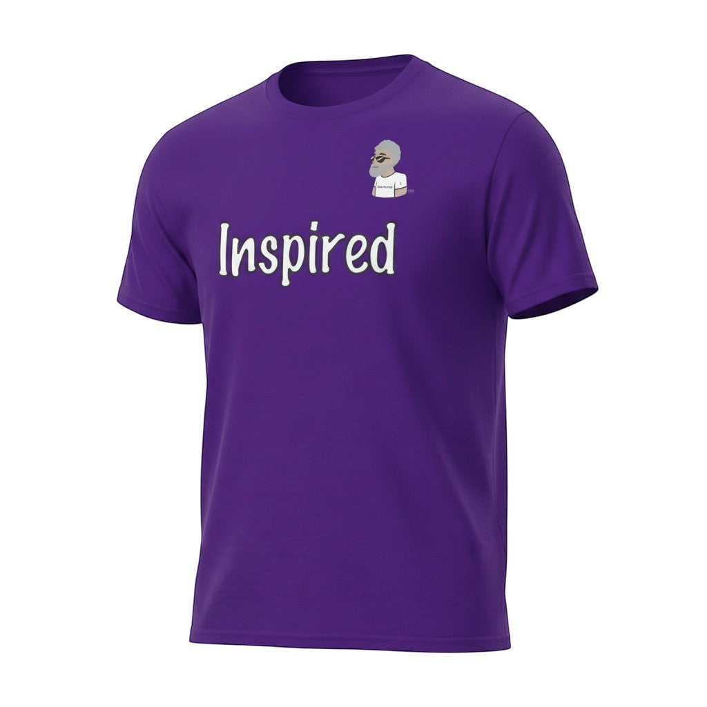 Big Daddy Allen Productions purple cotton t-shirt with "Inspired" graphic and BDA logo.