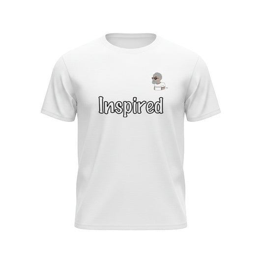 Big Daddy Allen Productions white cotton t-shirt with "Inspired" graphic and BDA logo.