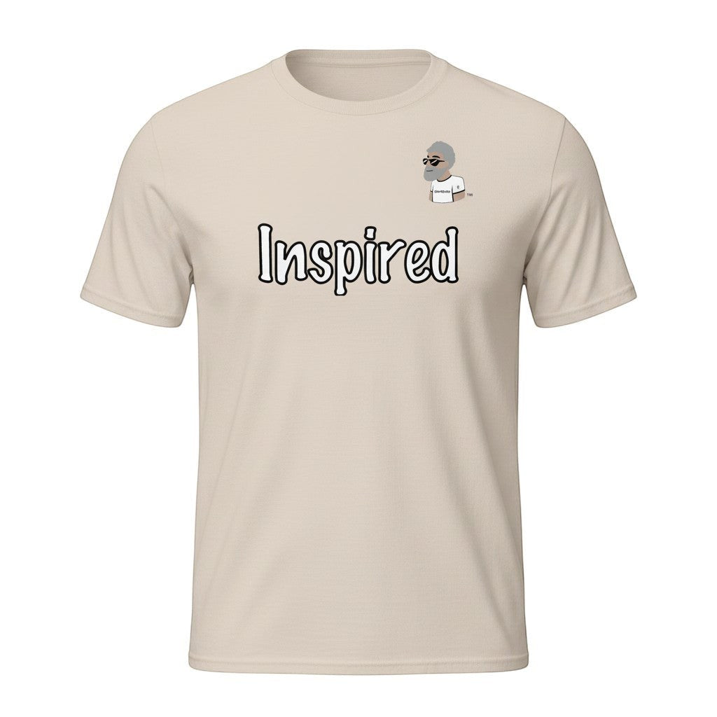 Big Daddy Allen Productions beige cotton t-shirt with "Inspired" graphic and cartoon man logo.