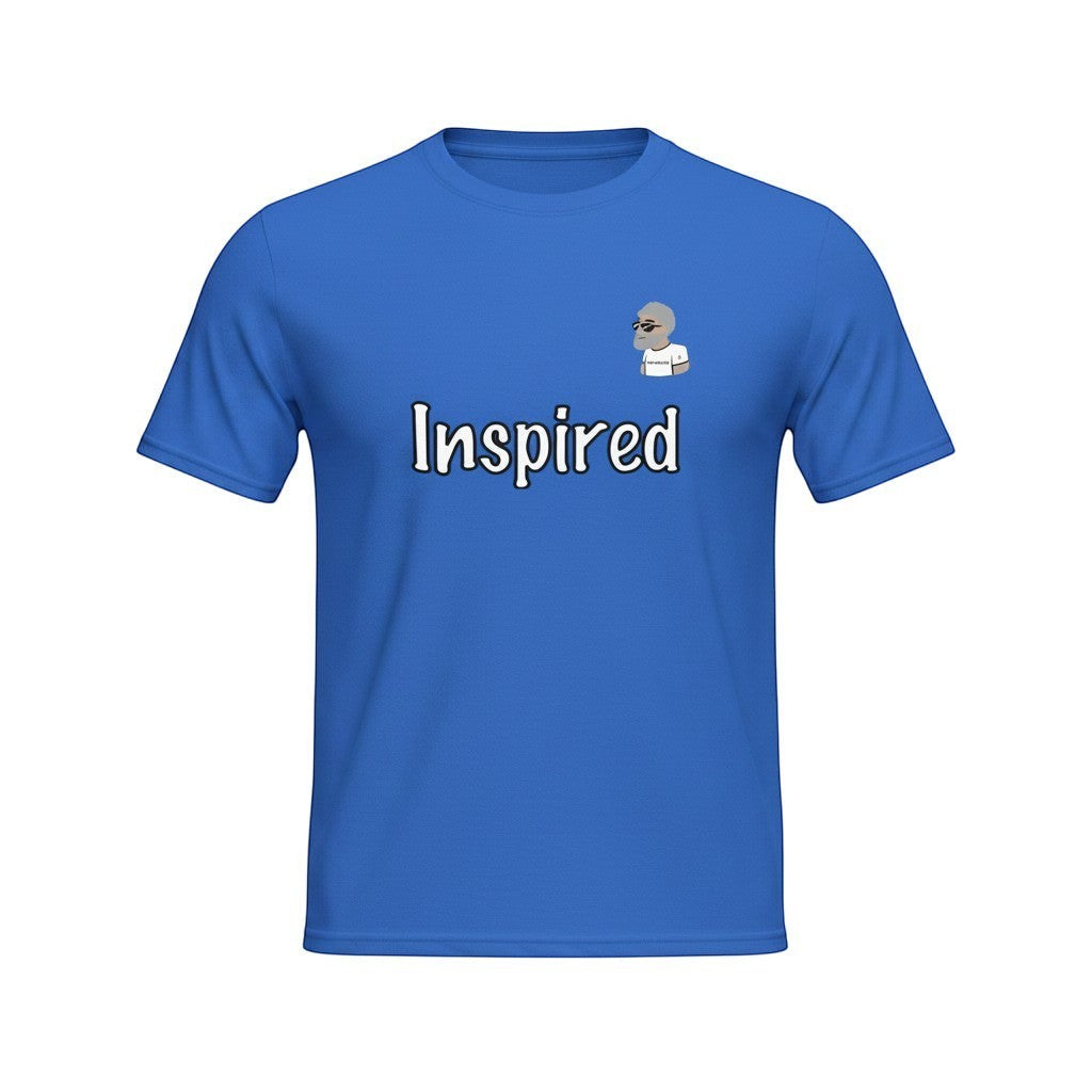 Big Daddy Allen Productions royal blue cotton t-shirt with "Inspired" graphic and BDA logo.