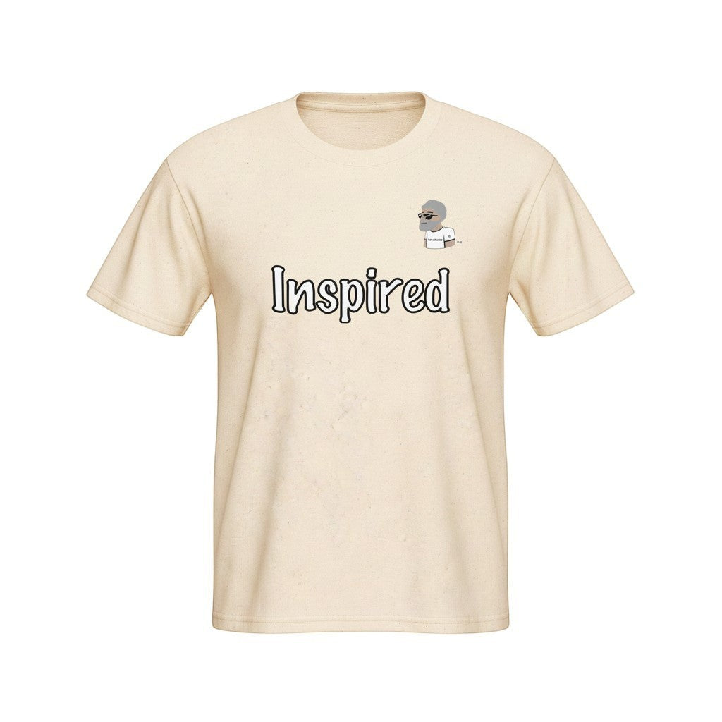 Big Daddy Allen Productions cream cotton graphic t-shirt with "Inspired" text and BDA logo.