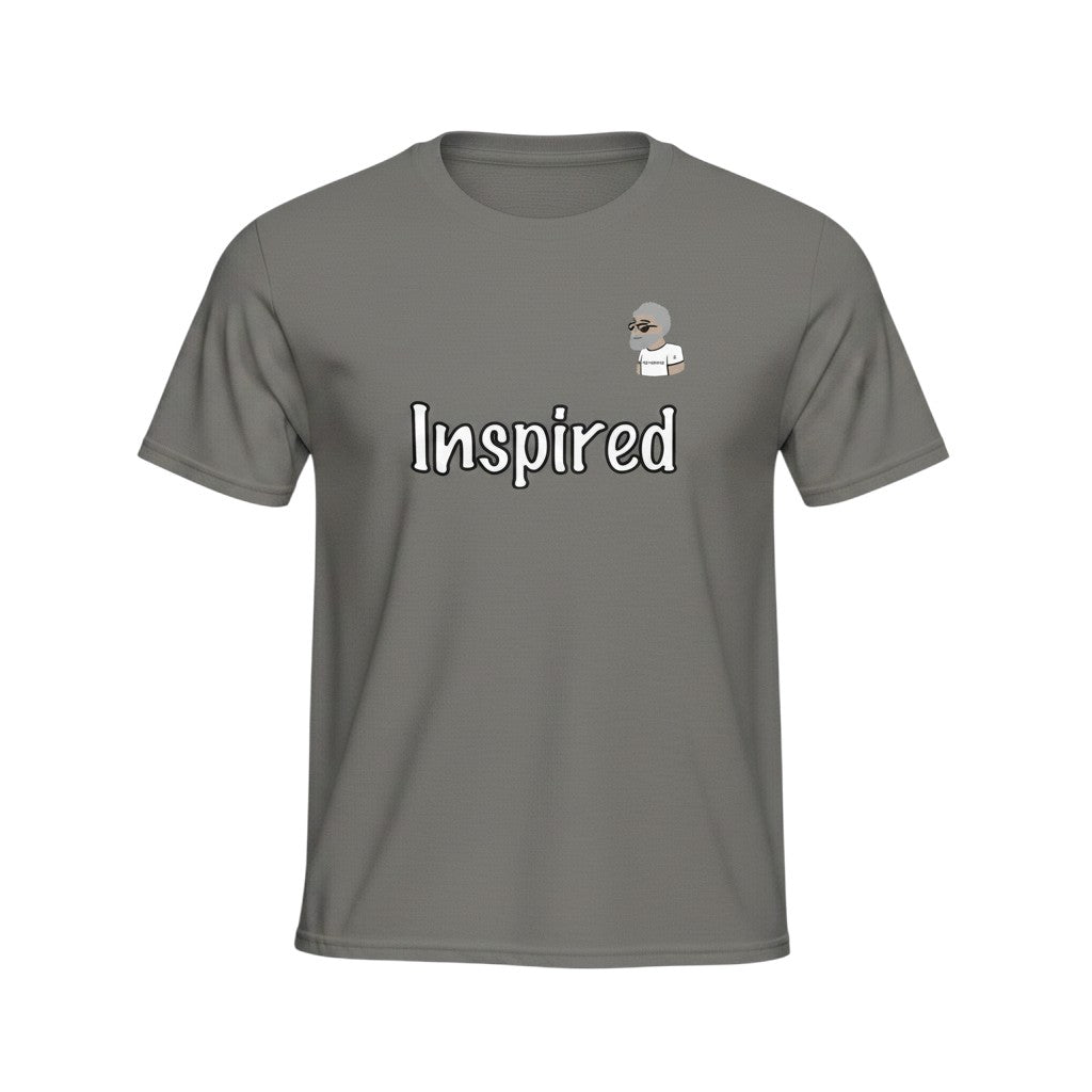 Big Daddy Allen Productions grey cotton t-shirt with "Inspired" text and BDA logo graphic. Short sleeves, crew neck.