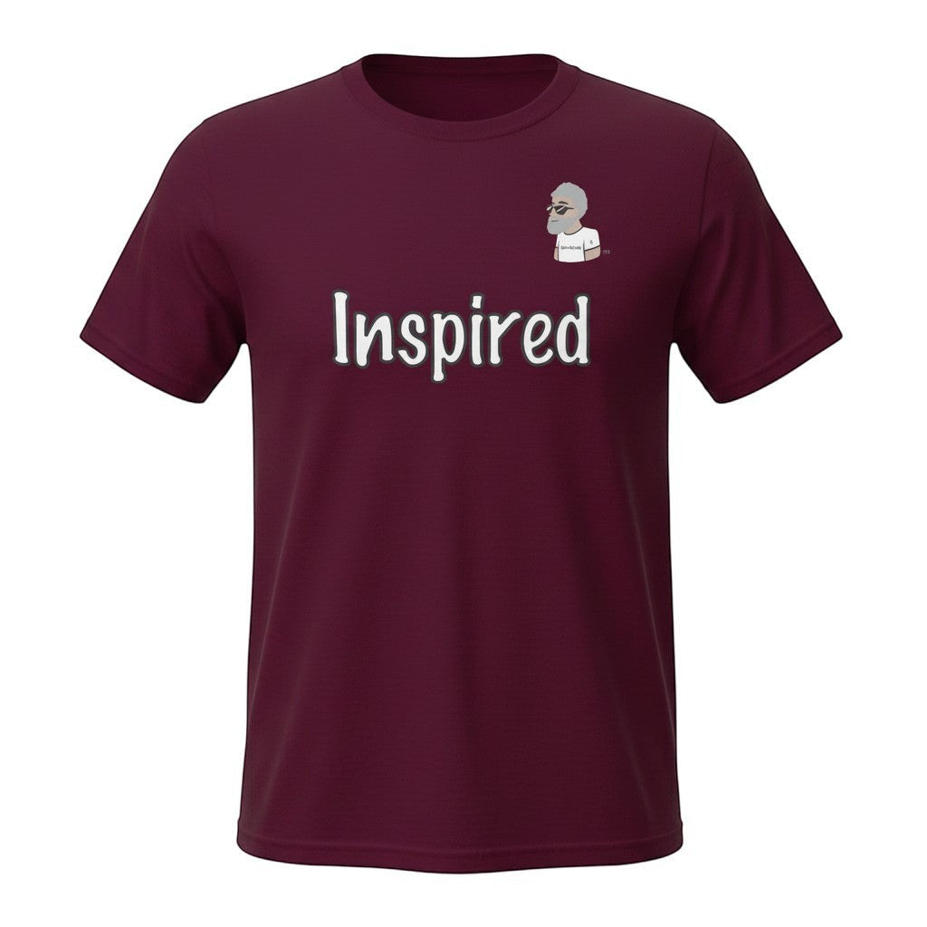 Big Daddy Allen Productions maroon cotton t-shirt with  "Inspired" graphic and BDA logo.