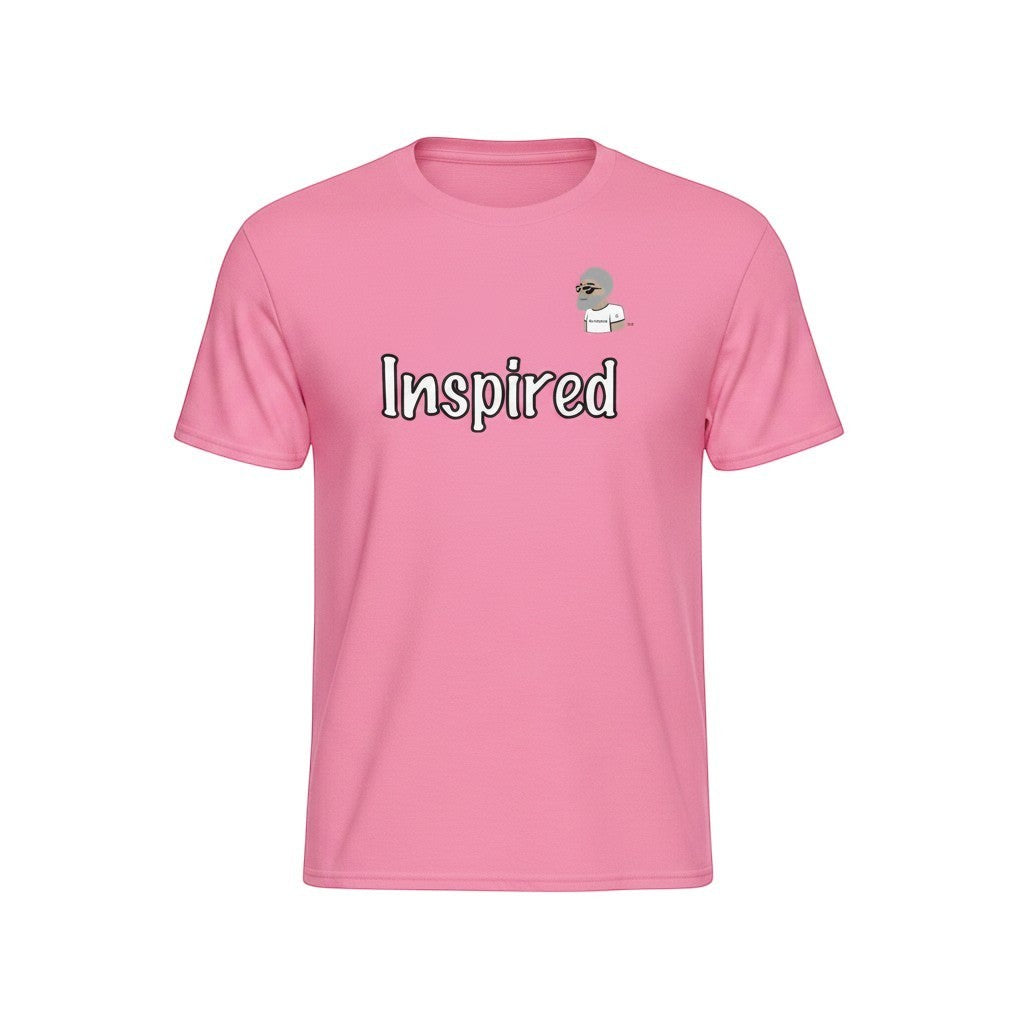 Big Daddy Allen Productions pink cotton t-shirt with "Inspired" graphic and BDA logo on chest.
