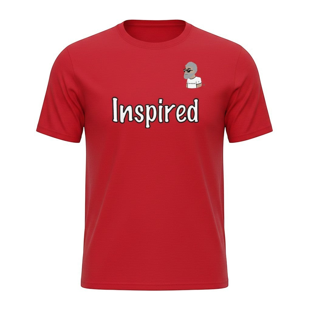 Big Daddy Allen Productions red cotton t-shirt with  "Inspired" graphic and BDA logo.