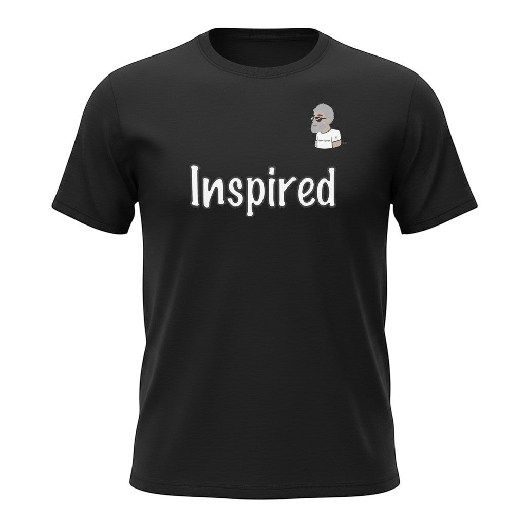 Black cotton t-shirt with "Inspired" graphic and BDA logo. Big Daddy Allen Productions.