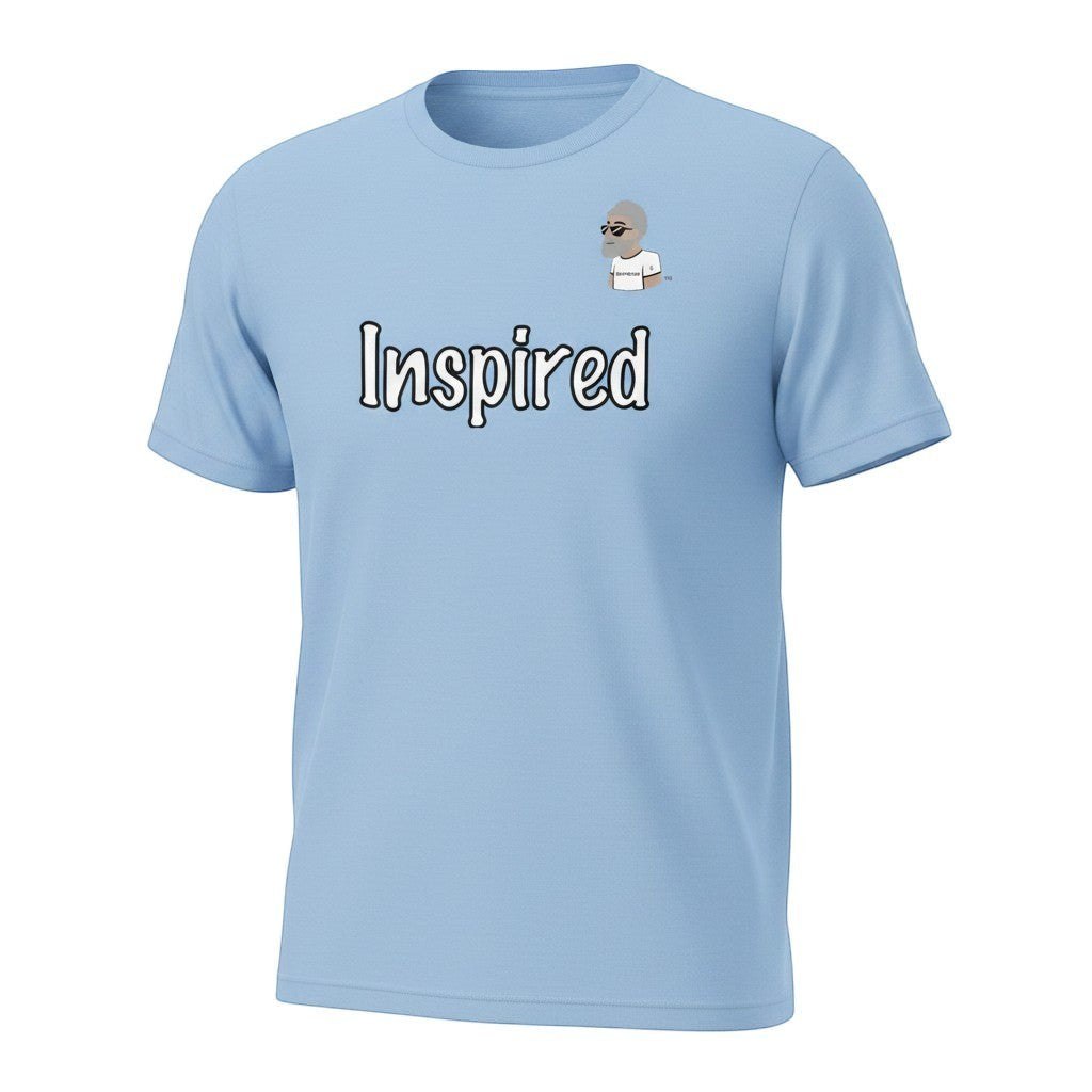 Big Daddy Allen Productions light blue cotton t-shirt with "Inspired" graphic and BDA logo on chest.