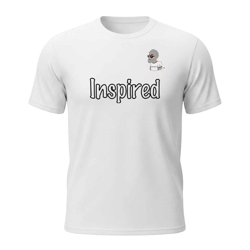 Big Daddy Allen Productions white cotton t-shirt with "Inspired" graphic and BDA logo on chest.