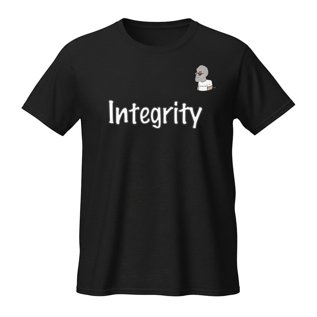 Big Daddy Allen Productions black cotton t-shirt with white "Integrity" graphic and BDA logo on chest.