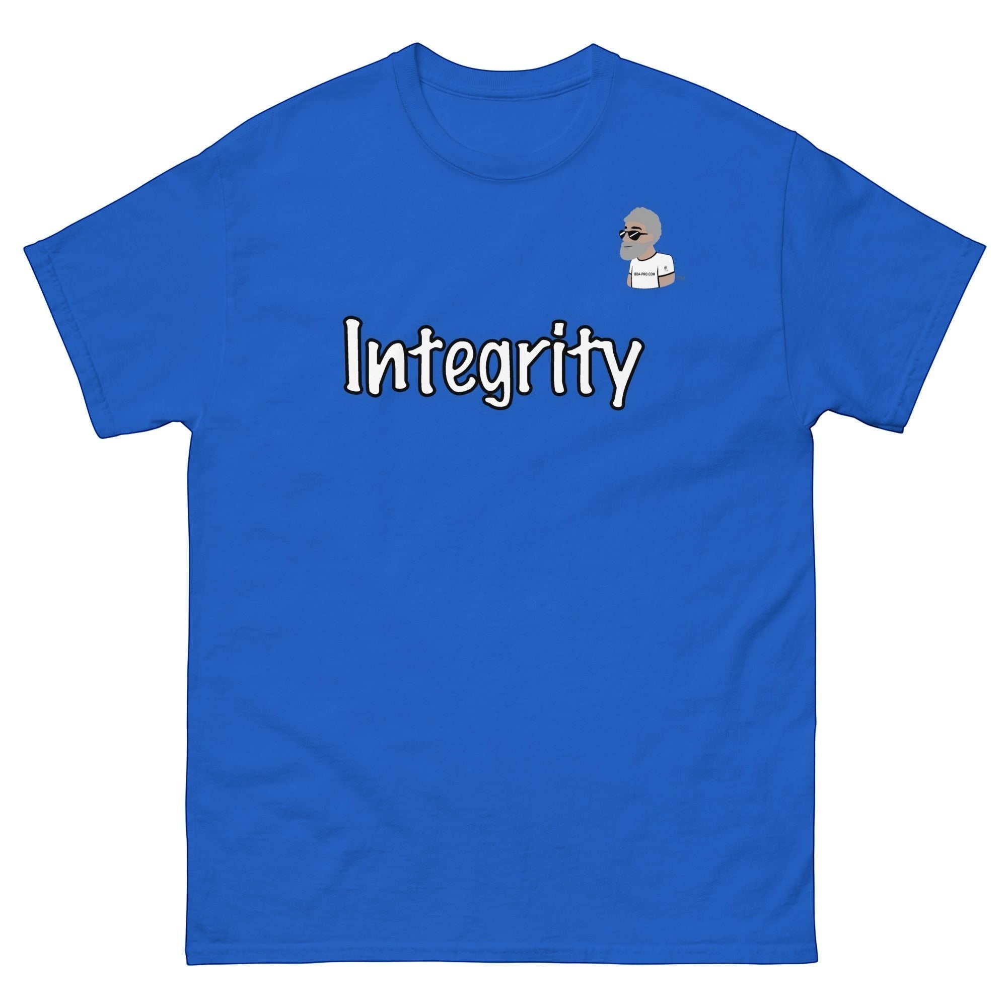 Big Daddy Allen Productions blue cotton t-shirt with "Integrity" graphic and BDA logo on chest.
