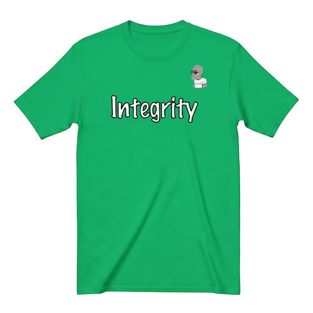 Big Daddy Allen Productions green cotton t-shirt with "Integrity" graphic and BDA logo on chest.