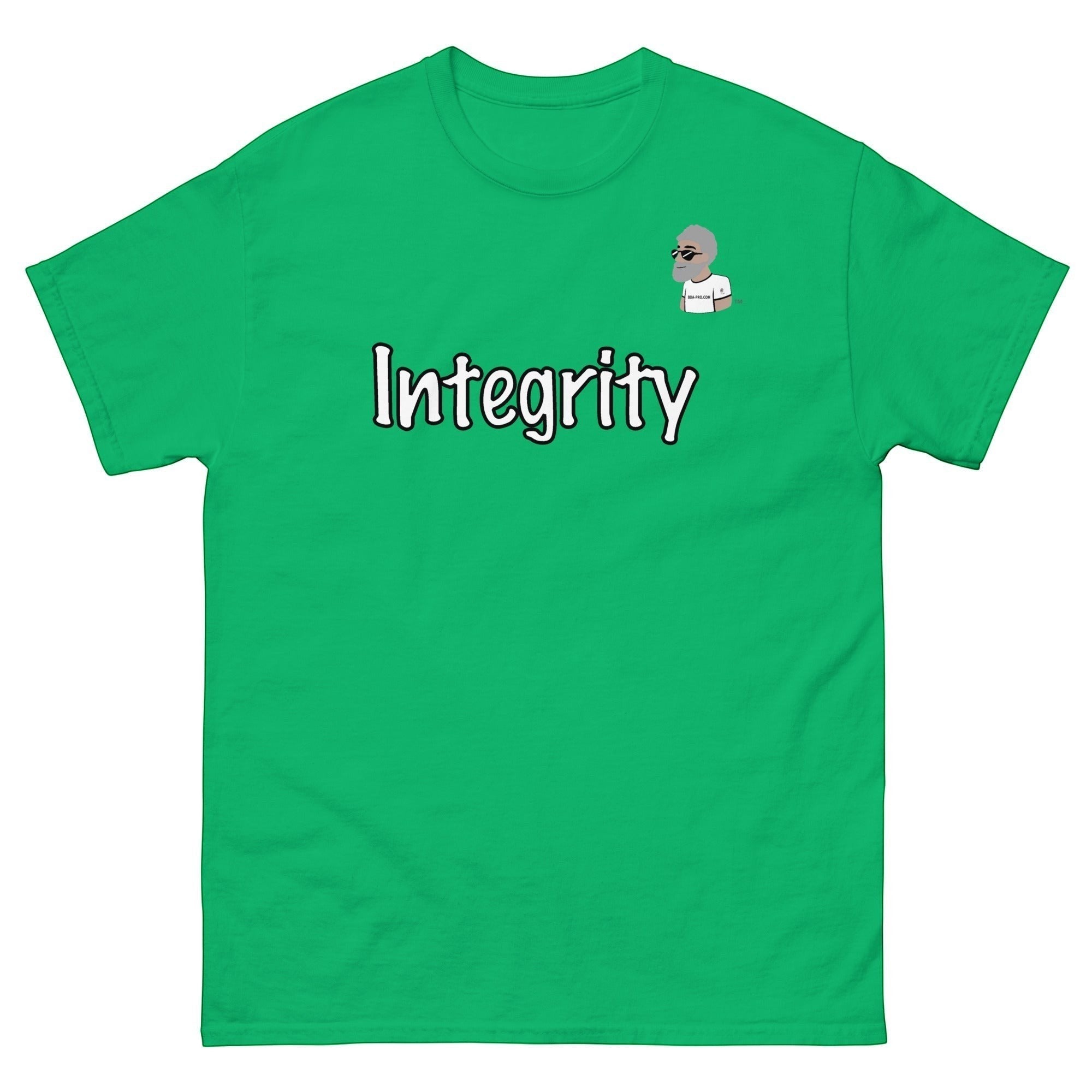 Big Daddy Allen Productions green cotton t-shirt with "Integrity" graphic and BDA logo on chest. Relaxed fit.