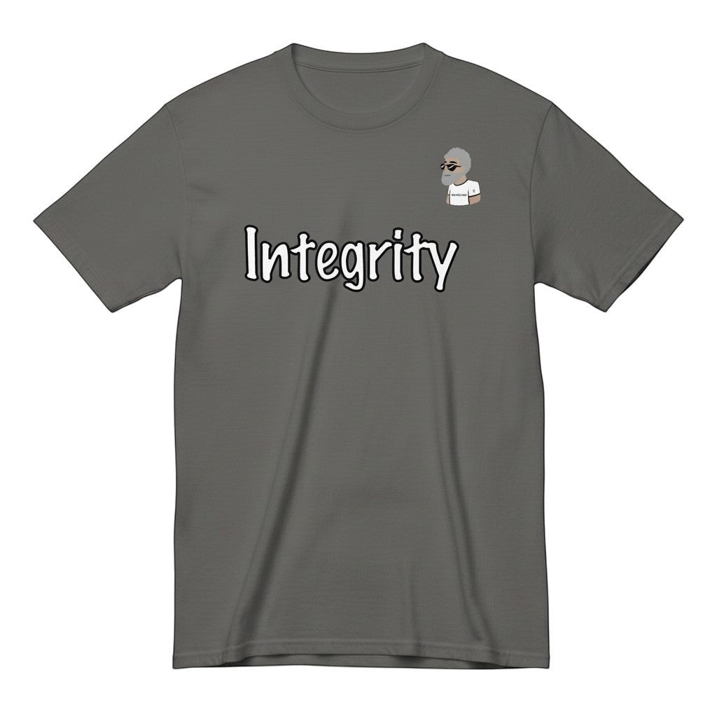 Big Daddy Allen Productions grey cotton t-shirt with "Integrity" graphic and BDA logo on left breast.