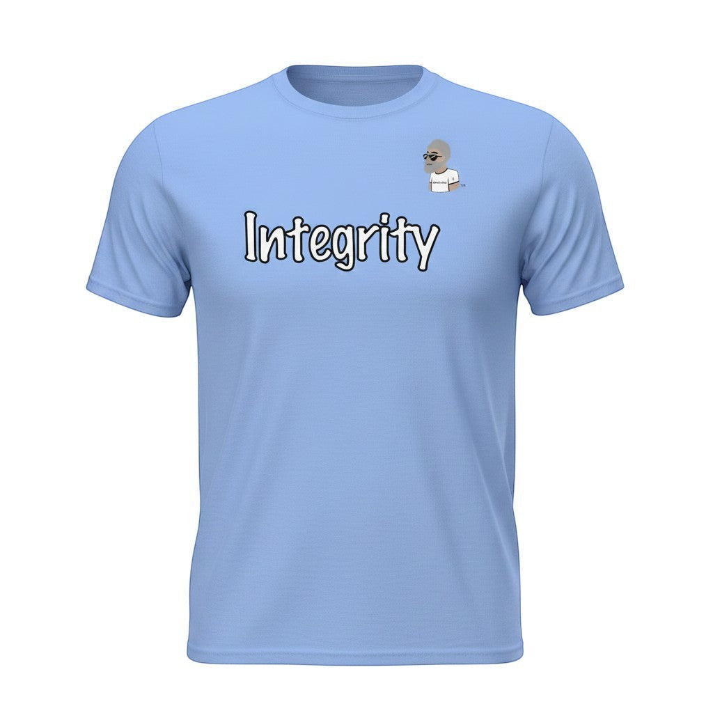 Big Daddy Allen Productions light blue cotton t-shirt with "Integrity" graphic and BDA logo on left breast.