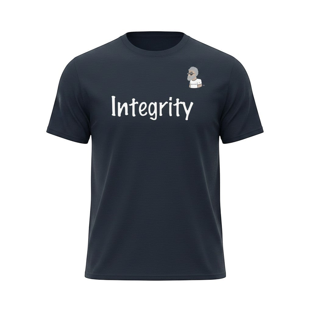 Big Daddy Allen Productions navy blue cotton t-shirt with "Integrity" graphic and BDA logo on chest. Relaxed fit.