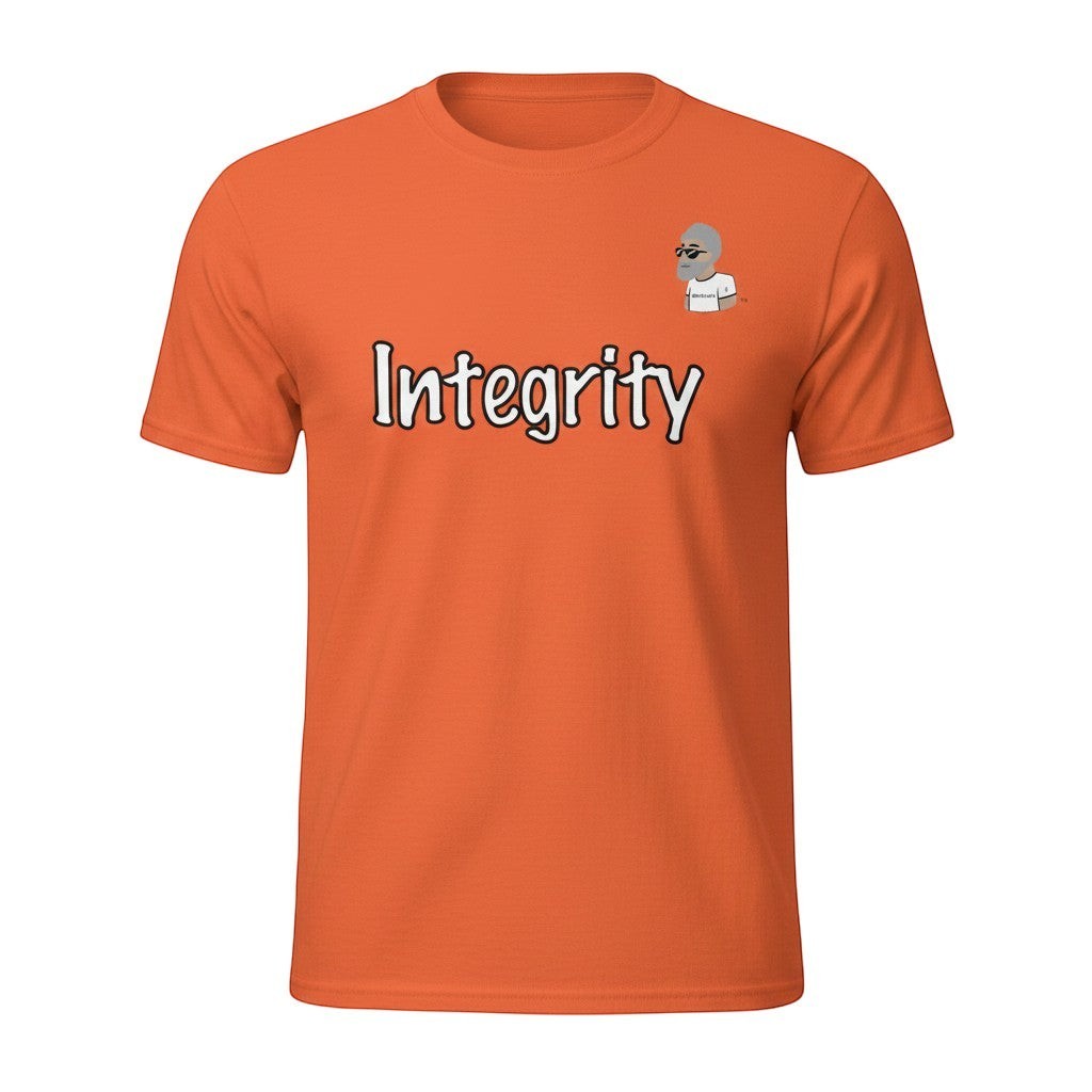 Big Daddy Allen Productions orange cotton t-shirt with "Integrity" graphic and BDA logo on left breast.