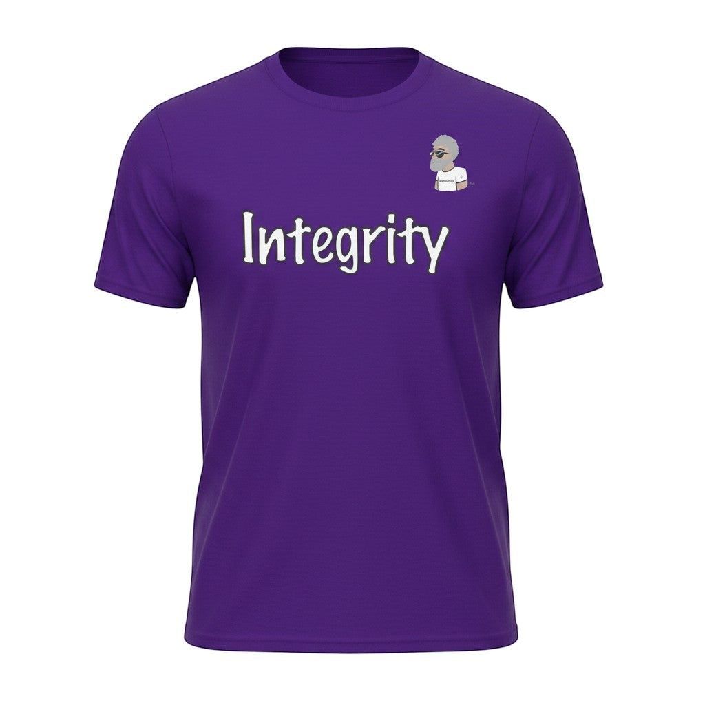 Big Daddy Allen Productions purple cotton t-shirt with "Integrity" graphic and BDA logo on left breast.
