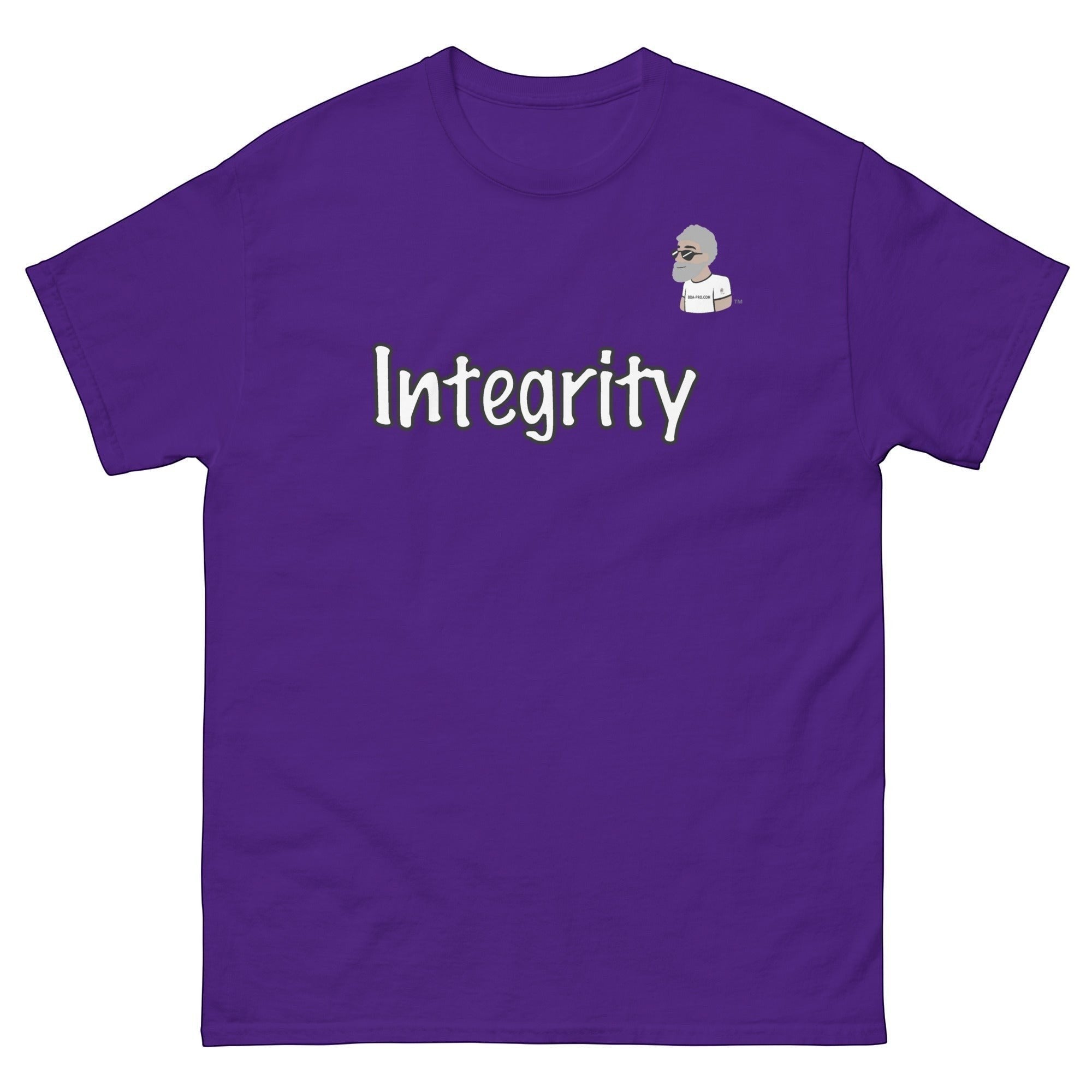 Big Daddy Allen Productions purple cotton t-shirt with "Integrity" graphic and BDA logo on chest.