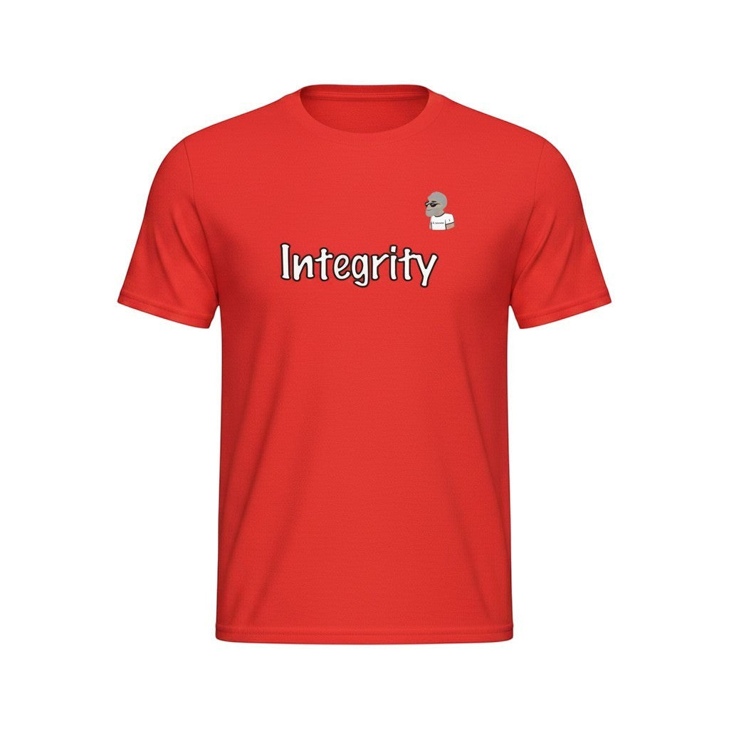 Big Daddy Allen Productions red cotton t-shirt with 'Integrity' graphic and BDA logo on chest. Short sleeves, crew neck.