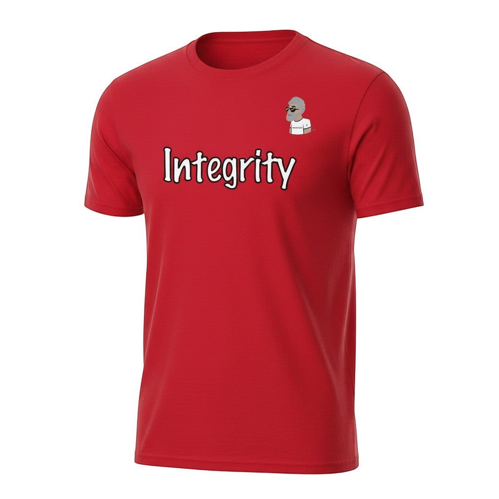 Big Daddy Allen Productions red cotton t-shirt with "Integrity" graphic and BDA logo on chest.