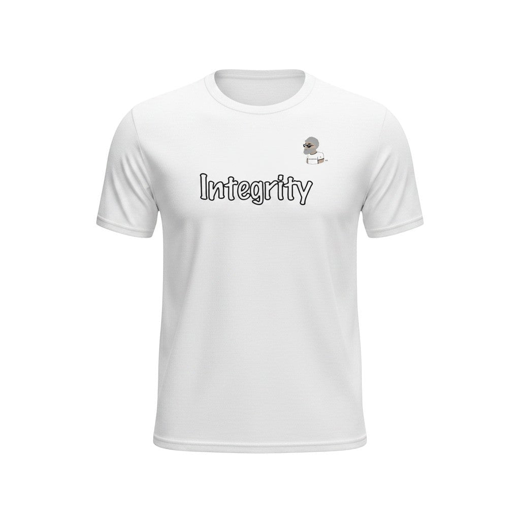 Big Daddy Allen Productions white cotton graphic t-shirt with 'Integrity' text and BDA logo.