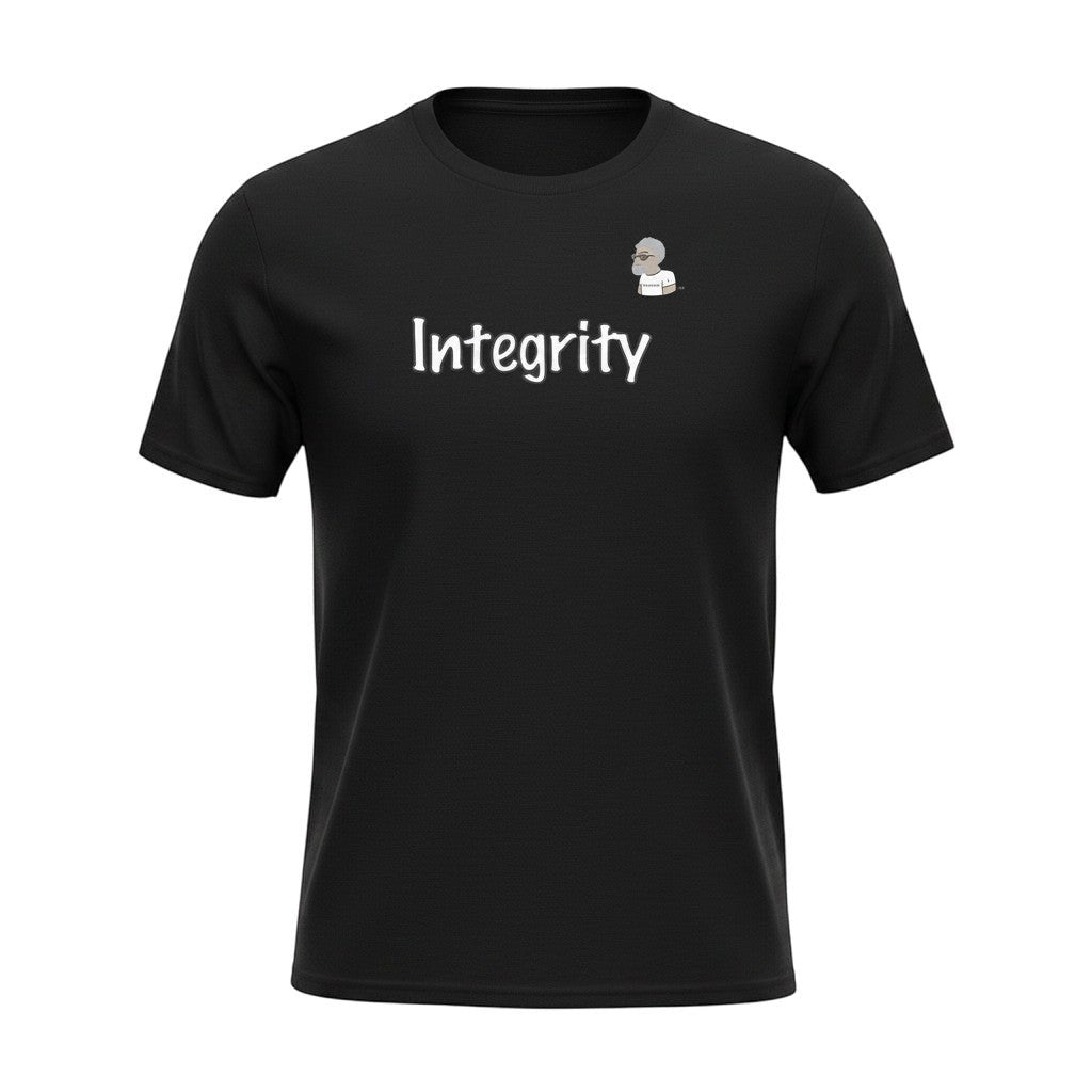 Big Daddy Allen Productions black cotton t-shirt with white 'Integrity' text and a small graphic logo.