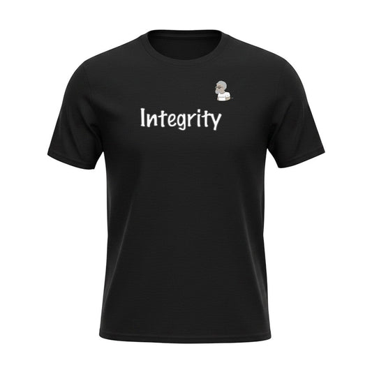 Big Daddy Allen Productions black cotton t-shirt with white 'Integrity' text and a small graphic logo.