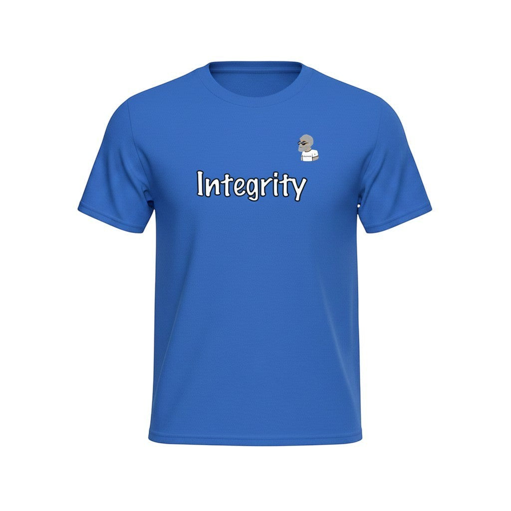 Big Daddy Allen Productions blue cotton graphic t-shirt with 'Integrity' text and BDA logo on chest.