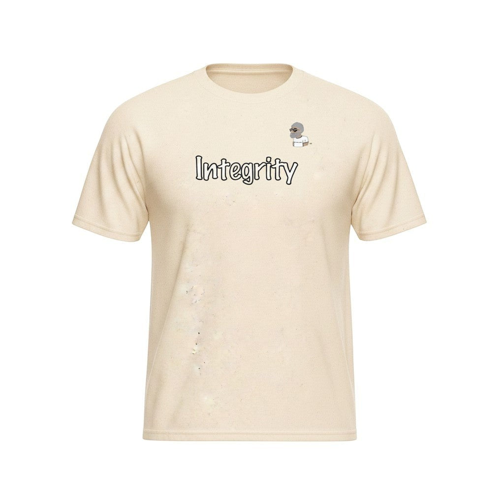 Big Daddy Allen Productions cream cotton graphic t-shirt with 'Integrity' text and BDA logo.