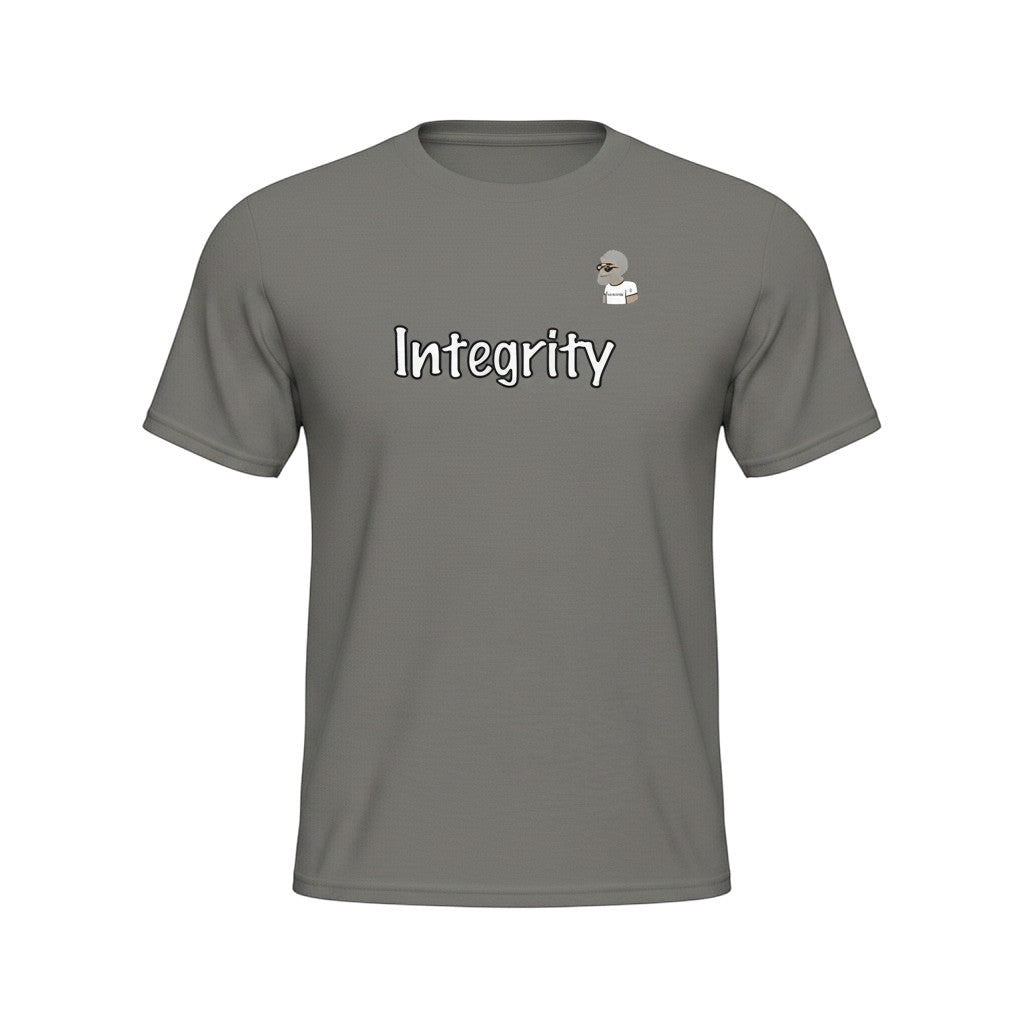 Big Daddy Allen Productions grey cotton t-shirt with 'Integrity' text and BDA logo graphic. Short sleeves, crew neck.
