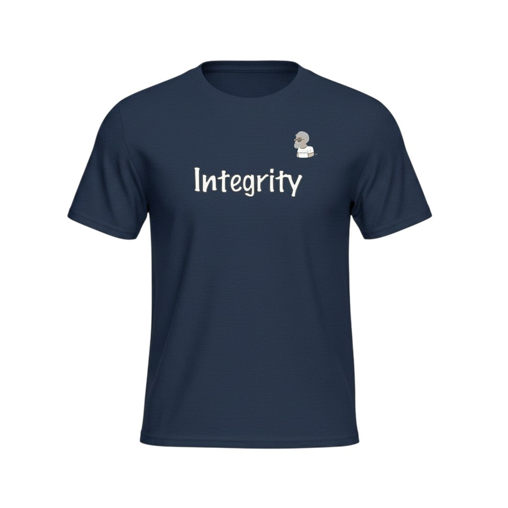 Big Daddy Allen Productions navy blue cotton t-shirt with 'Integrity' text and BDA logo graphic.