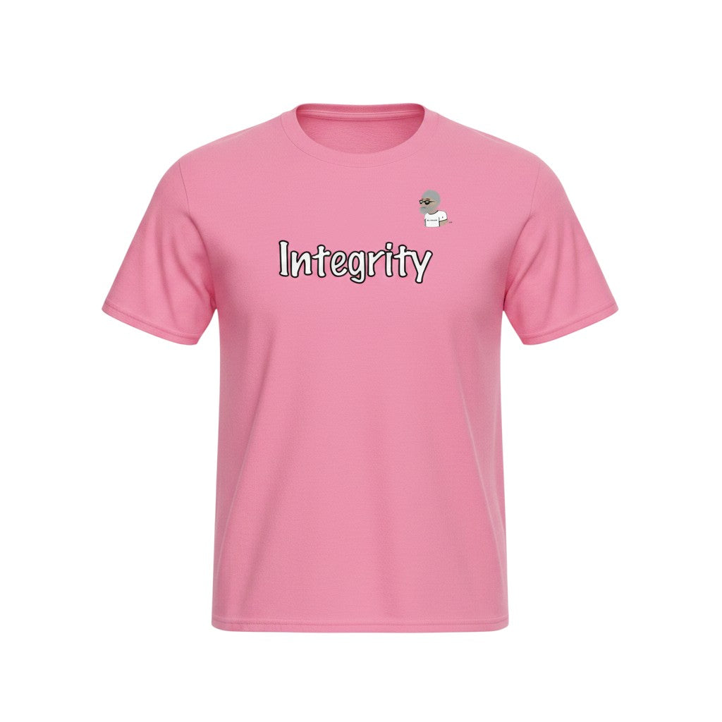 Big Daddy Allen Productions pink cotton t-shirt with 'Integrity' graphic and BDA logo.