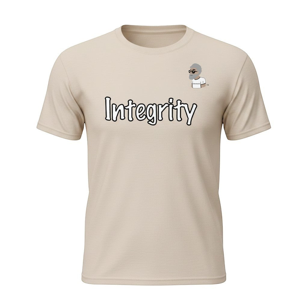 Big Daddy Allen Productions beige cotton t-shirt with "Integrity" graphic and BDA logo on left breast.