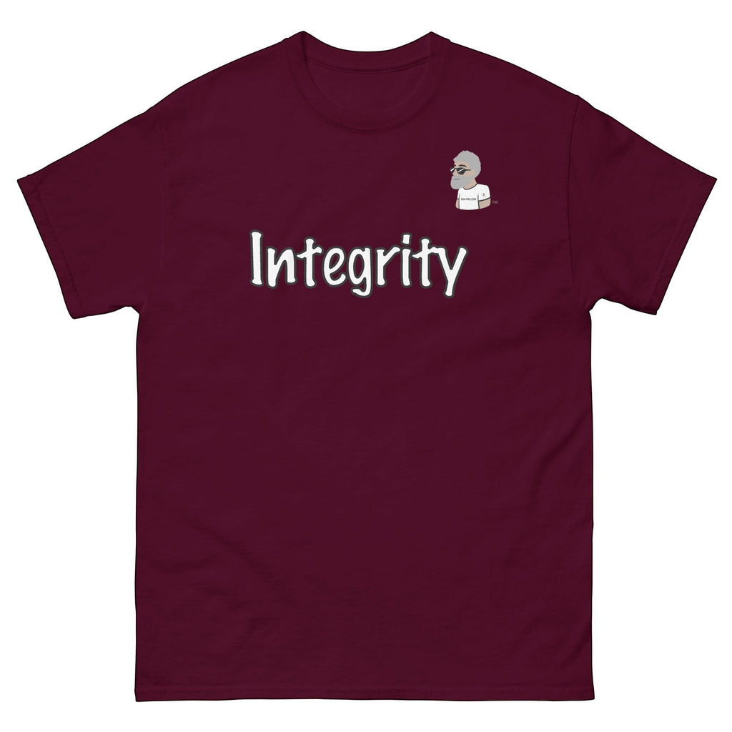 Big Daddy Allen Productions maroon cotton t-shirt with "Integrity" graphic and BDA logo on left breast.
