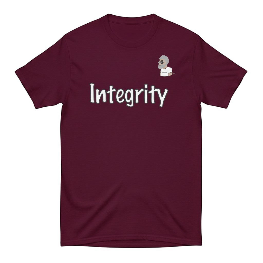 Big Daddy Allen Productions maroon cotton t-shirt with "Integrity" graphic and BDA logo on chest.