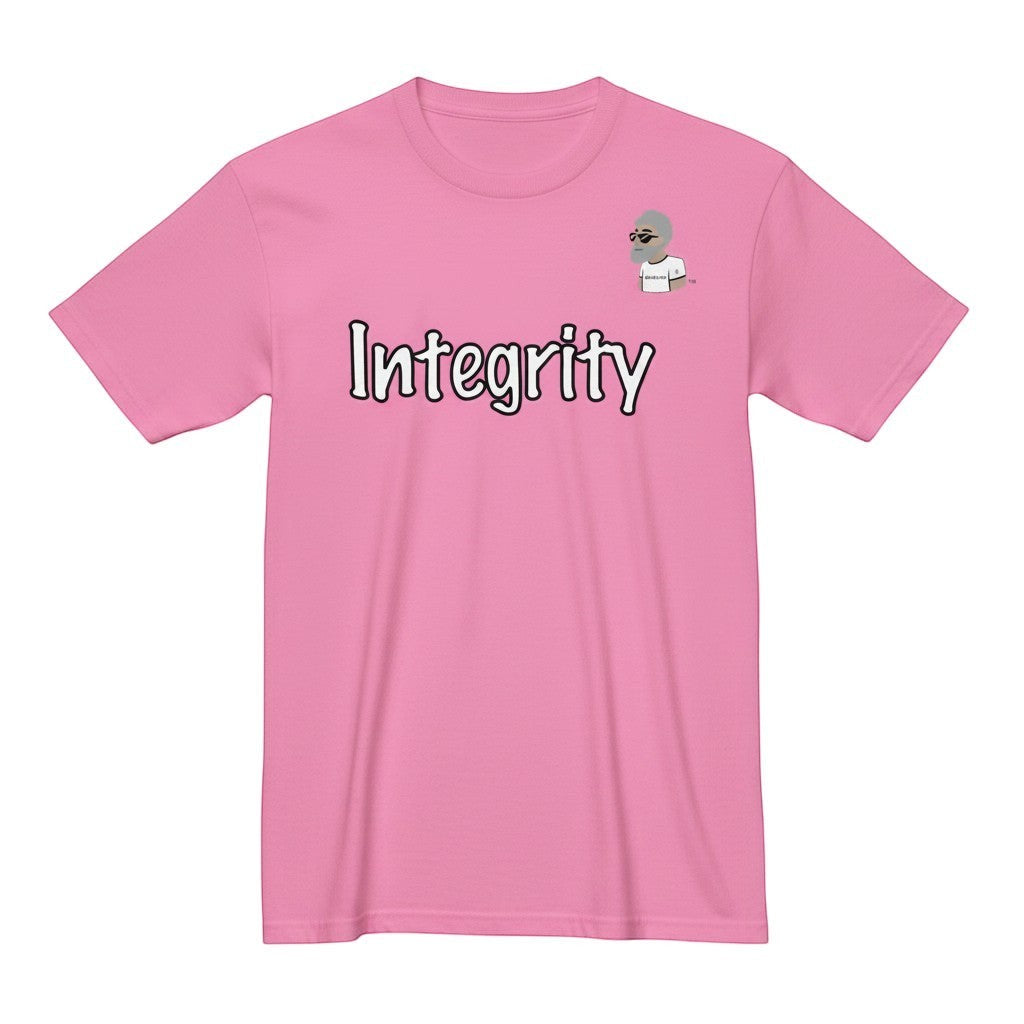 Big Daddy Allen Productions pink cotton t-shirt with "Integrity" graphic and BDA logo. Relaxed fit.