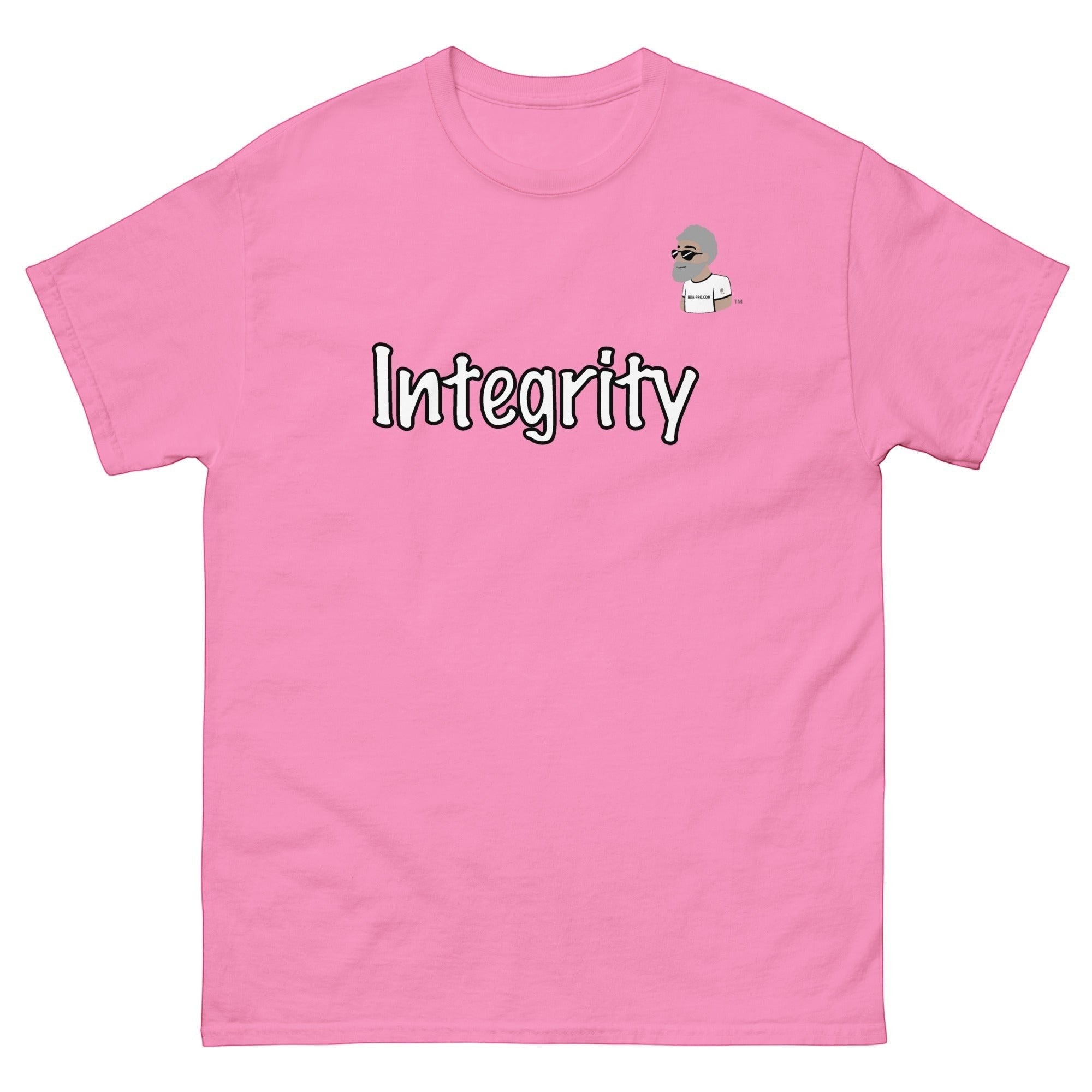Big Daddy Allen Productions pink cotton t-shirt with "Integrity" graphic and BDA logo. Relaxed fit.