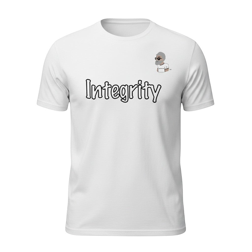 Big Daddy Allen Productions white cotton t-shirt with "Integrity" graphic and BDA logo on chest. Relaxed fit.