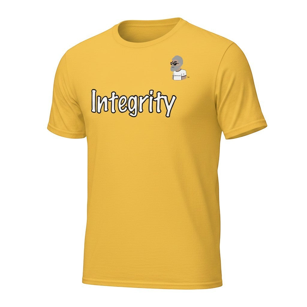 Big Daddy Allen Productions yellow cotton t-shirt with "Integrity" graphic and BDA logo on chest. Relaxed fit.