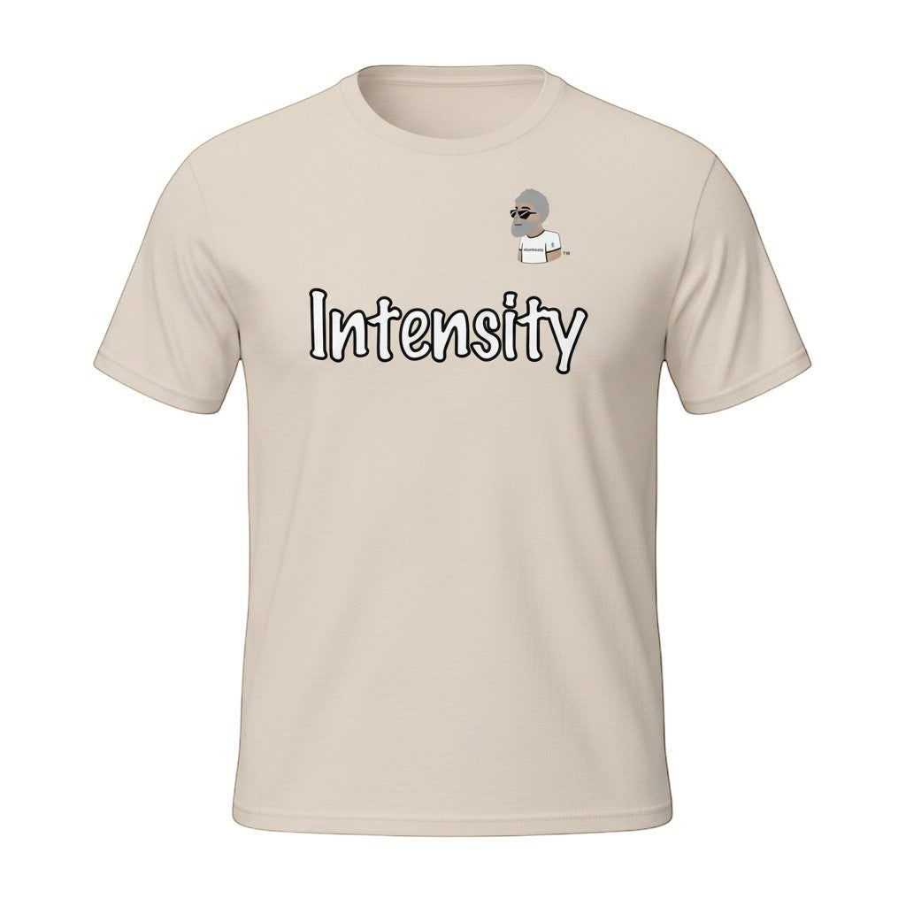 Big Daddy Allen Productions Intensity graphic t-shirt in beige cotton with a cartoon man logo and the word Intensity.