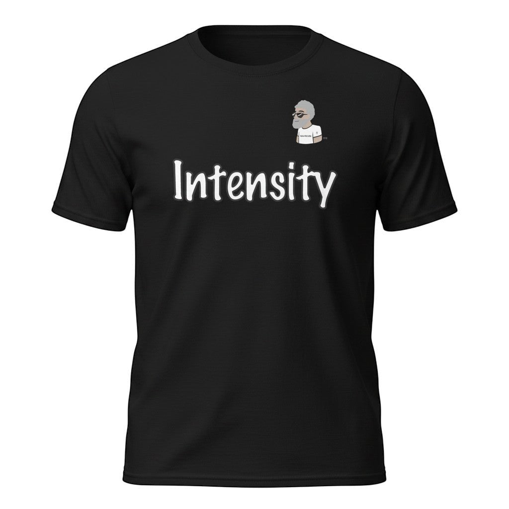 Big Daddy Allen Productions black cotton t-shirt with white "Intensity" graphic and BDA logo.