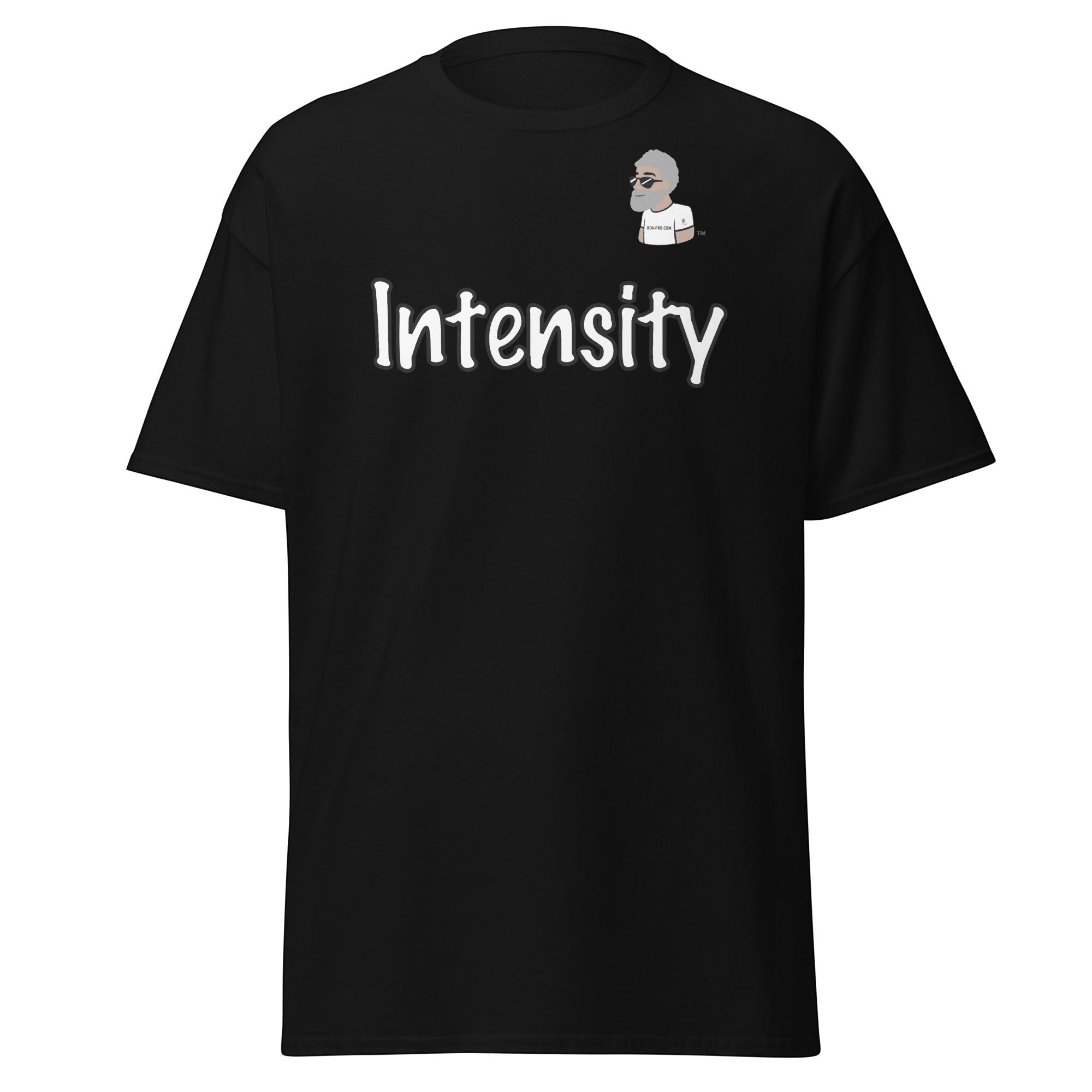 Big Daddy Allen Productions black cotton t-shirt with white "Intensity" graphic and BDA logo.