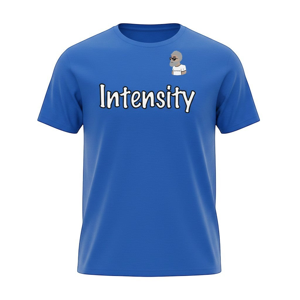 Big Daddy Allen Productions blue cotton t-shirt with "Intensity" graphic and BDA logo.