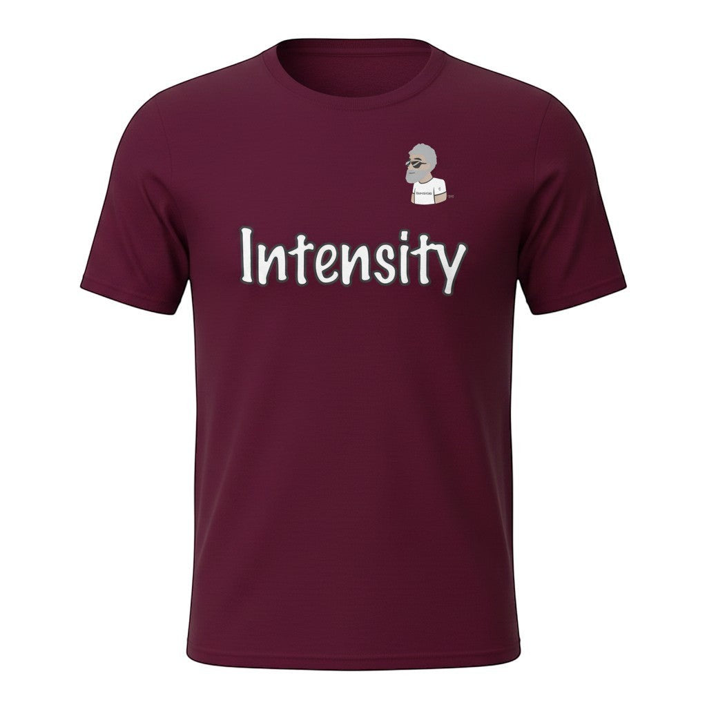 Big Daddy Allen Productions burgundy cotton t-shirt with white "Intensity" graphic and cartoon logo.