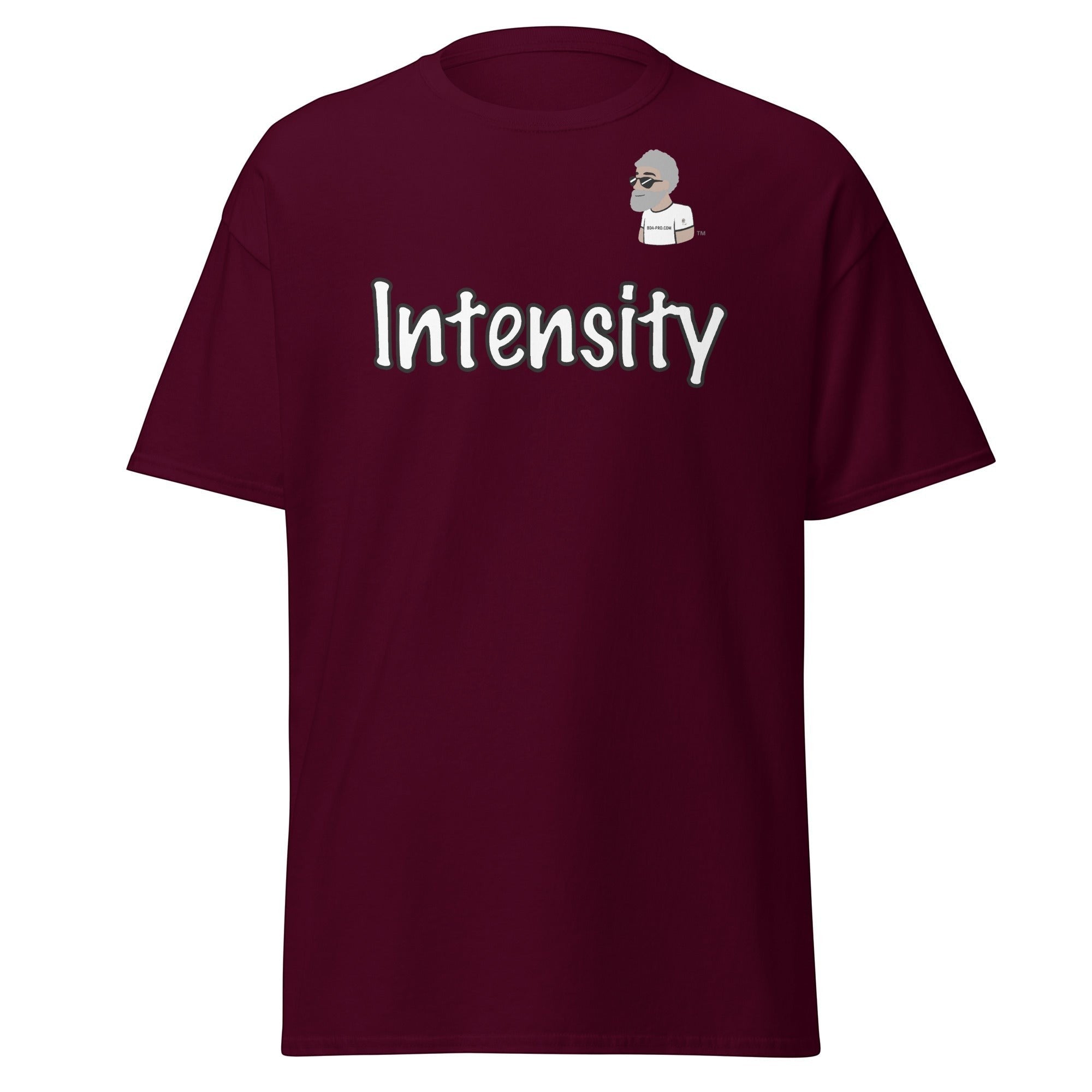 Big Daddy Allen Productions burgundy cotton t-shirt with "Intensity" graphic and BDA logo on chest.