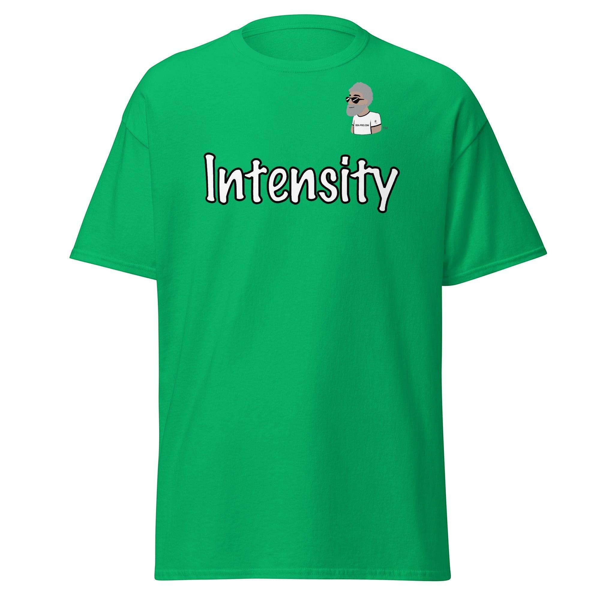 Big Daddy Allen Productions green cotton t-shirt with "Intensity" graphic and BDA logo on chest.
