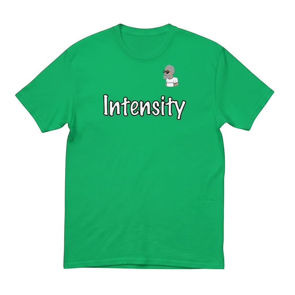 Big Daddy Allen Productions green cotton t-shirt with "Intensity" graphic and BDA logo.