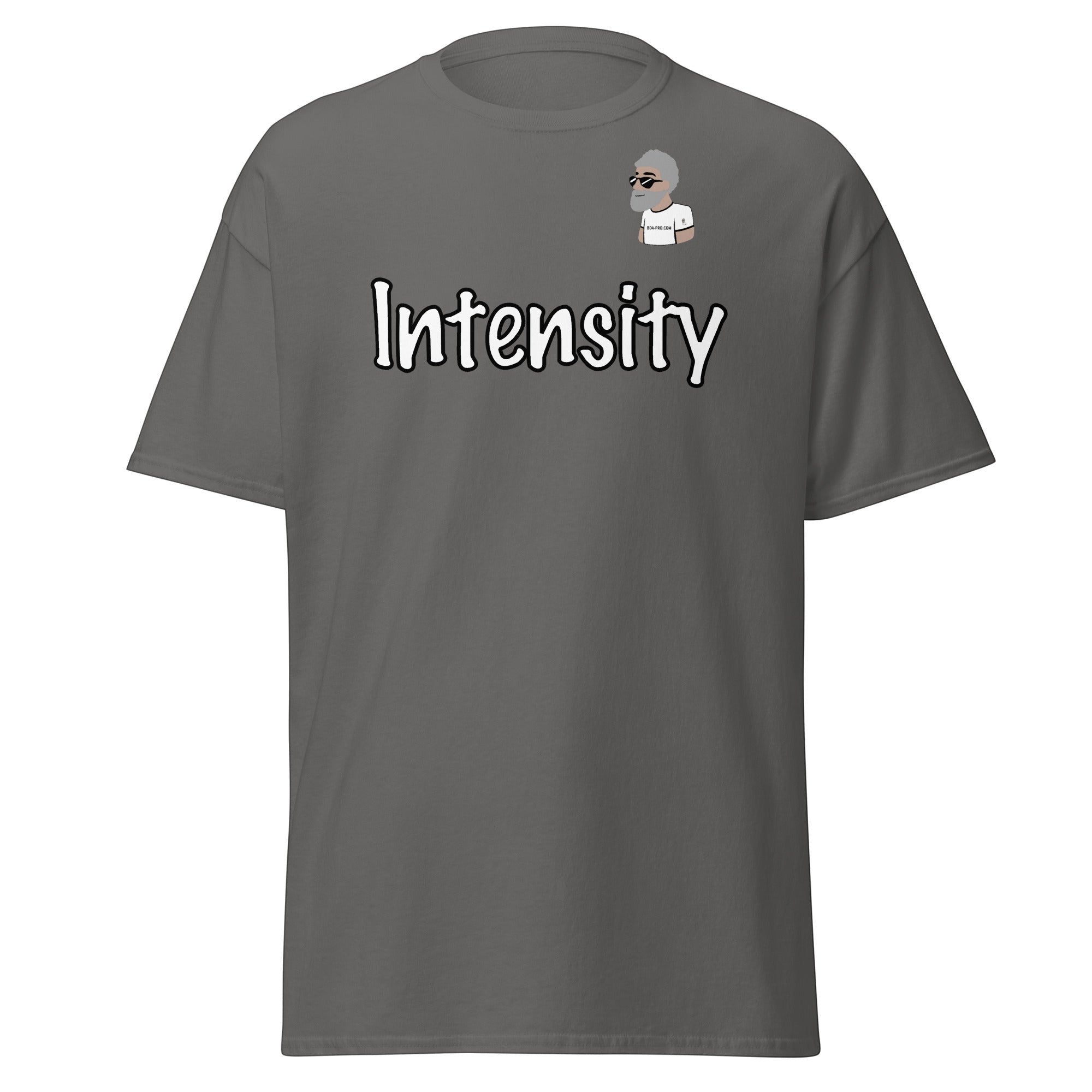 Big Daddy Allen Productions grey cotton t-shirt with "Intensity" graphic and BDA logo on chest.