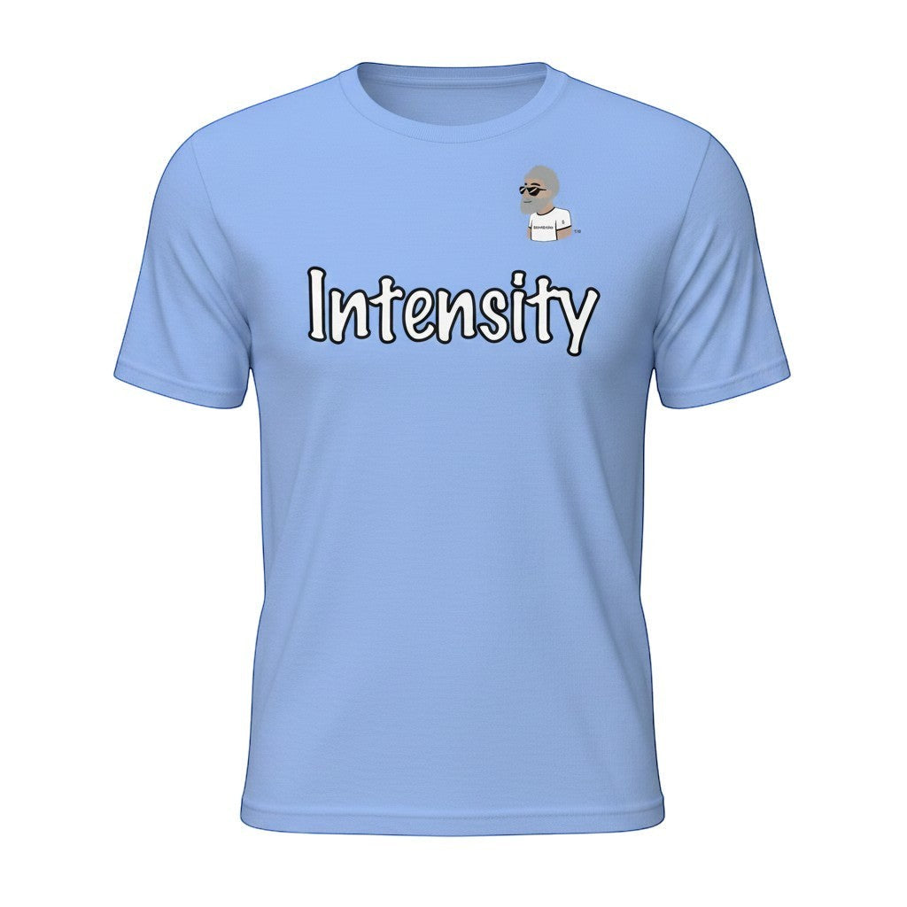 Big Daddy Allen Productions light blue cotton t-shirt with "Intensity" graphic and BDA logo.